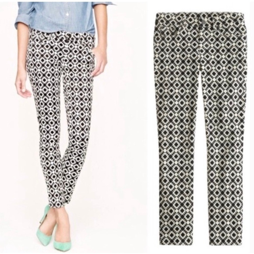 J.Crew Geometric Print Toothpick Skinny Jeans Black White Stretch 24 Low Rise